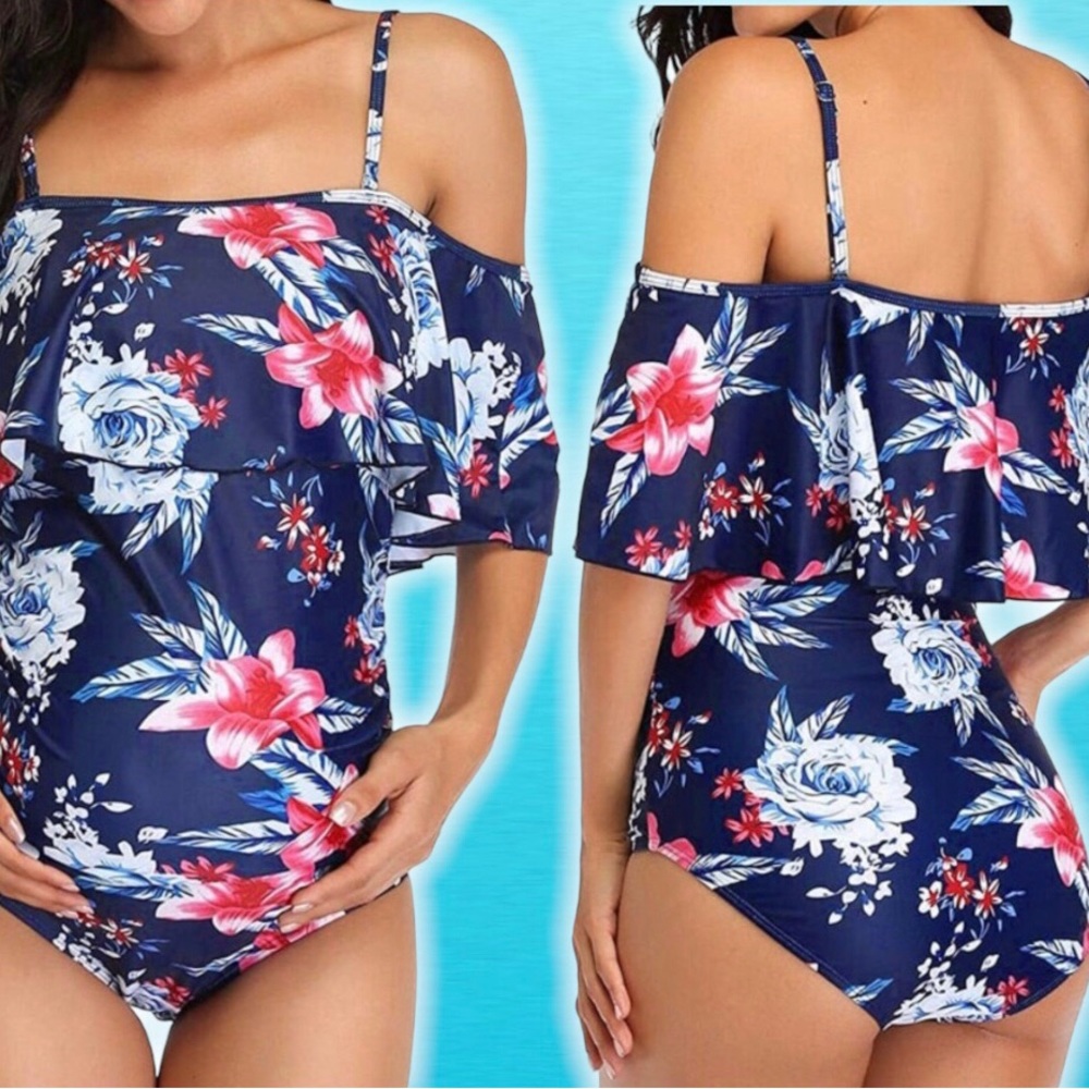 Dark Blue Floral Maternity Swimsuit One Piece Ruffle Spaghetti Straps  Size M
